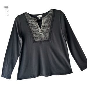 J JILL | NWOT FAIR ISLE EMBROIDERED TOP SNOWFLAKES  SPLIT NECK LONG SLEEVE | XSP